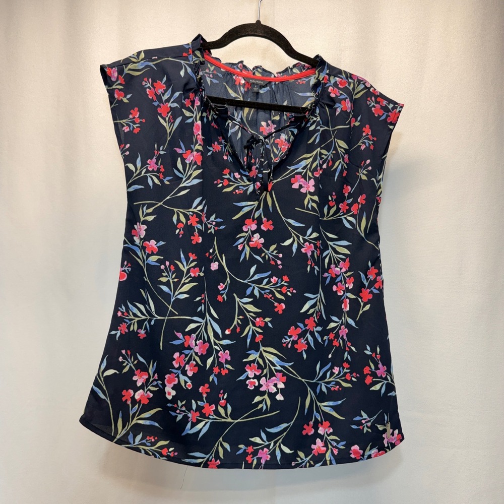 Nautica Blouse Women Small Navy Blue Floral Cap Sleeve Split Neck Boho Top